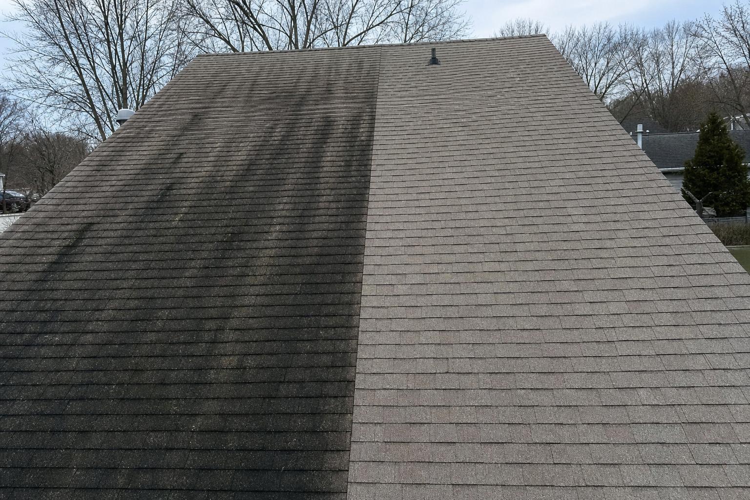 Roof washing before and after